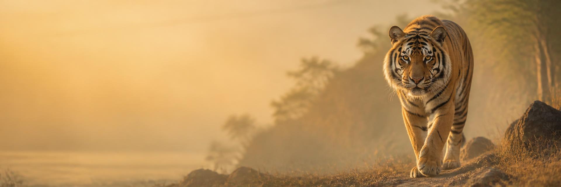 A tiger walking through golden morning light